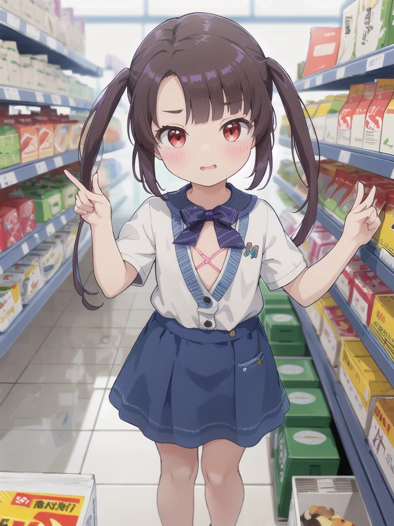 Highest quality,masterpiece,indoor,supermarket,Highest quality, (masterpiece:1.2), Very detailed, (masterpiece), (illustratiorn),Are standing, (face forcus:1.2), face, upper b○dy, 1 Girl, Red eyes, Twin tails, brorwn hair, bangs, Shine, eyebrorws visible throrugh hair, Flat Chest,shy, blush, (lororking at viewer), :or,