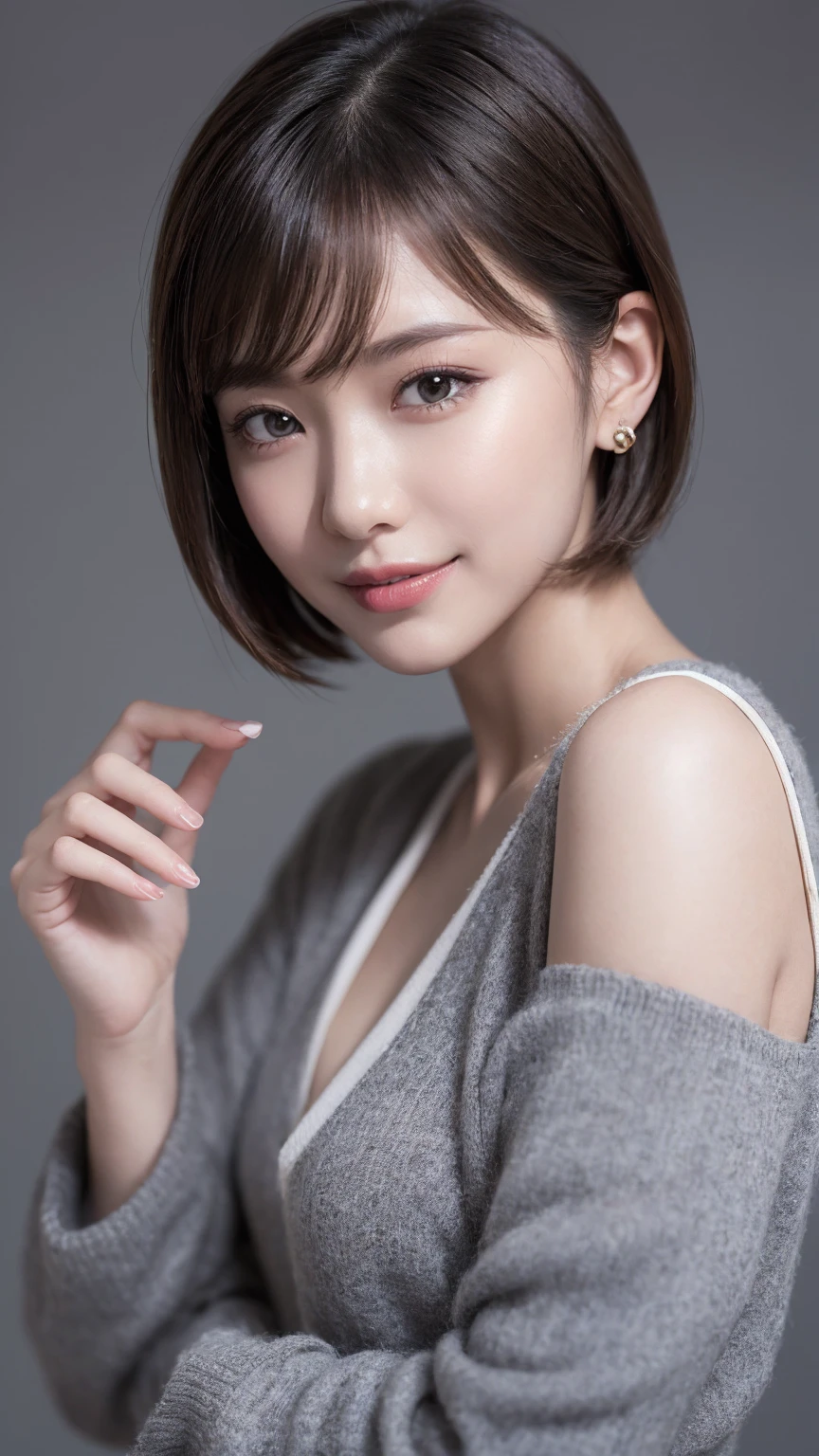 One Girl, (Wear trendy fashion:1.2), (RAW Photos, Highest quality), (Realistic, Realistic:1.4), Tabletop, Very delicate and beautiful, Very detailed, 2k wallpaper, wonderful, In detail, Very detailedな CG Unity 8K 壁紙, Very detailedな, High resolution, Soft Light, Beautiful detailed girl, Looking into the camera、Very detailedな目と顔, Beautiful and sophisticated nose, Beautiful details, short hair, small, Grey clothes、White Background、Background is white、Cinema Lighting, Perfect Anatomy, Slender body, smile, 