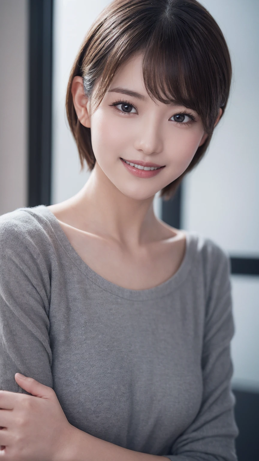One Girl, (Wear trendy fashion:1.2), (RAW Photos, Highest quality), (Realistic, Realistic:1.4), Tabletop, Very delicate and beautiful, Very detailed, 2k wallpaper, wonderful, In detail, Very detailedな CG Unity 8K 壁紙, Very detailedな, High resolution, Soft Light, Beautiful detailed girl, Looking into the camera、Very detailedな目と顔, Beautiful and sophisticated nose, Beautiful details, short hair, small, Grey clothes、White Background、Background is white、Cinema Lighting, Perfect Anatomy, Slender body, smile,