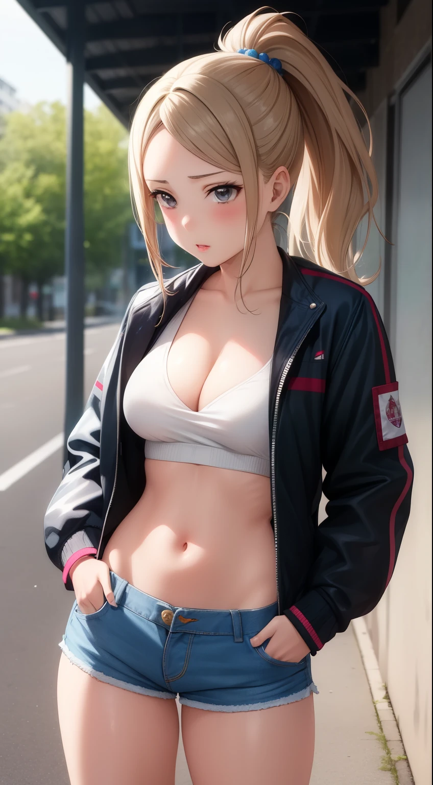 masterpiece, best quality, highly detailed, ultra high res, ayase arisa, 1girl, solo, perfect body, hair ornament, glossy lips, medium breasts, midriff, short shorts, cleavage, jacket, ponytail, hands in pockets