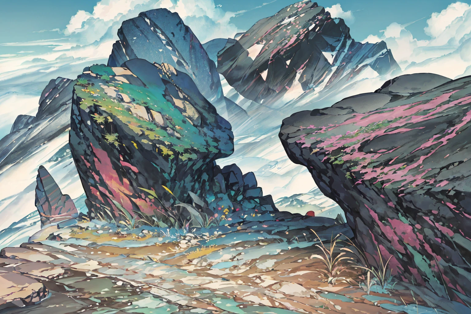 summer, rocky area, rock formation, (illustration : 1.0), Narrative composition, realistic lighting, HD detail, masterpiece, best quality best, (Highly detailed CG integrated 8k wallpaper), wide and flat rocky area, A small, sharp, rough rock at the top of the screen.