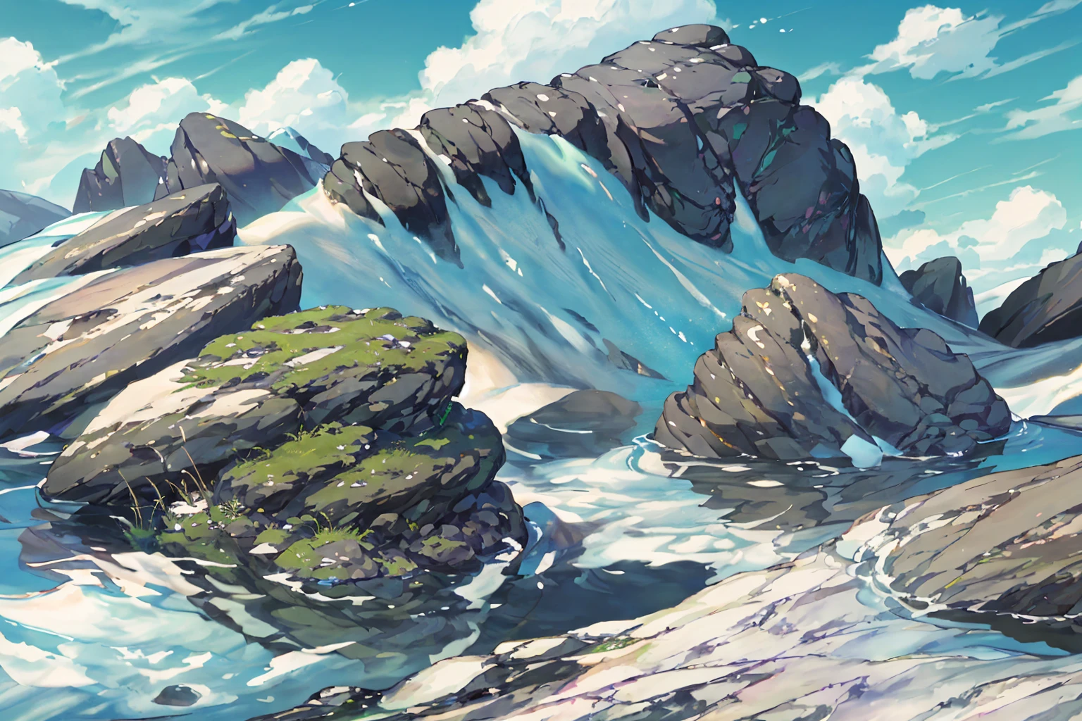 summer, rocky area, rock formation, (illustration : 1.0), Narrative composition, realistic lighting, HD detail, masterpiece, best quality best, (Highly detailed CG integrated 8k wallpaper), wide and flat rocky area, A small, sharp, rough rock at the top of the screen.