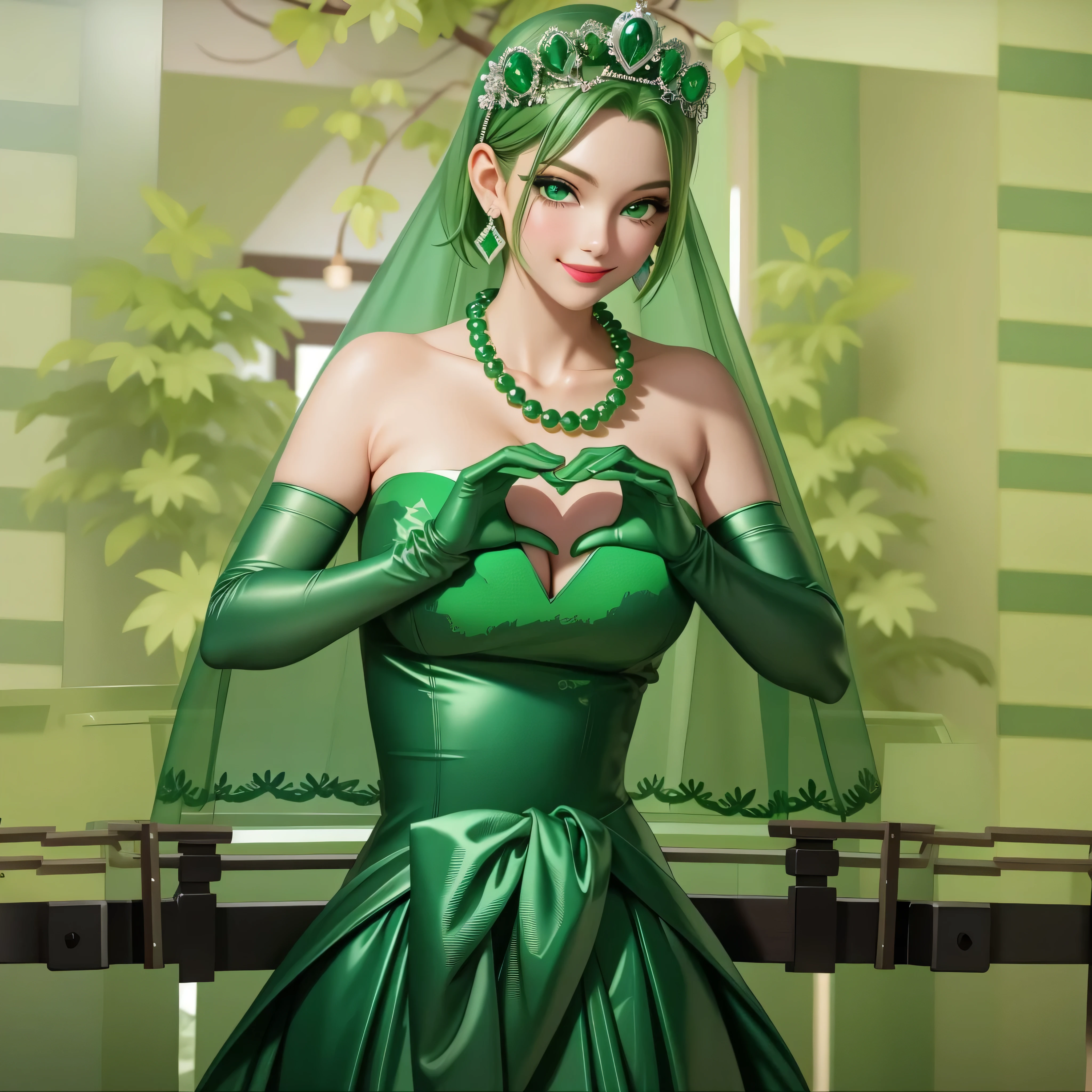 emerald tiara, Green Pearl Necklace, Boyish very short green hair, Green Lips, Smiling Japanese woman, Very short hair, Busty beautiful lady, Green Eyes, Green satin long gloves, Green Eyes, Emerald Earrings, Green veil, Heart with both hands, Green Hair, Beautiful Japanese Woman, Heart shaped hands:1.3, green lip gloss