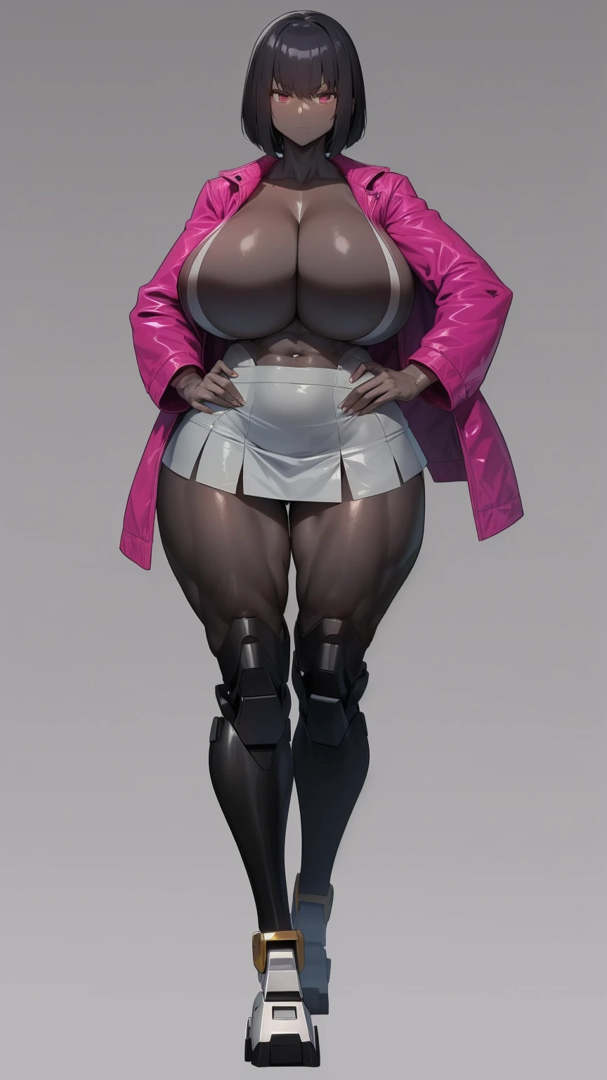 E girl cut hair Bob color pink jacket open mini skirt (((mecha legs Master piece Ultra Quality))), stand pose head on full body , (tall, muscular:1.1), (dark skin, perfect skin:1.8), (big breasts:1.1),Grt2c