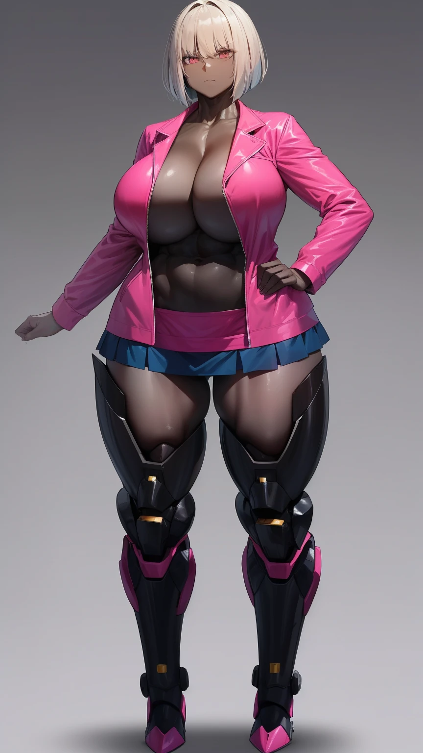 E girl cut hair Bob color pink jacket open mini skirt (((mecha legs Master piece Ultra Quality))), stand pose head on full body , (tall, muscular:1.1), (dark skin, perfect skin:1.8), (big breasts:1.1),Grt2c