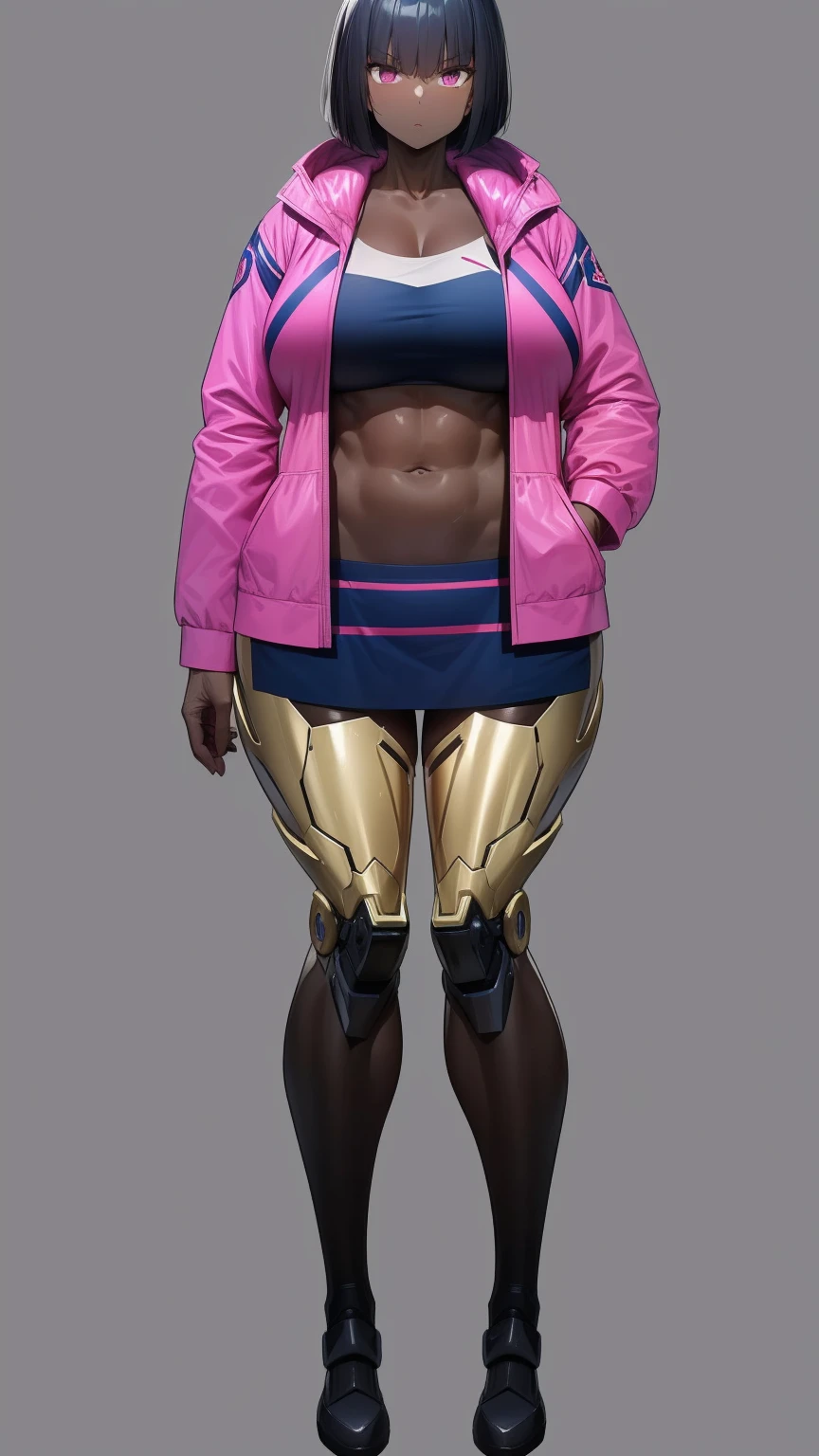 E girl cut hair Bob color pink jacket open mini skirt (((mecha legs Master piece Ultra Quality))), stand pose head on full body , (tall, muscular:1.1), (dark skin, perfect skin:1.8), (big breasts:1.1),Grt2c