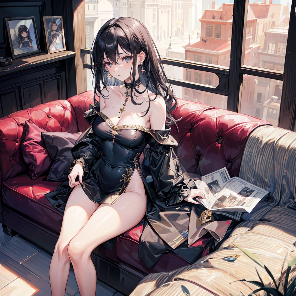 ((((absurdres, RAW photo, extremely delicate and beautiful, masterpiece, Best Quality, ultra high resolution, 32k, hyperrealistic, ultra-detailed)))), in her 20s, very Slim body, narrow waist, very small head, very small face, delicate facial features, beautiful face, beautiful eyes, ((very huge round tits)), medium hair, black hair, wavy hair, tearful mole, earring, full body shot, off-the-shoulder cut top, sofa,