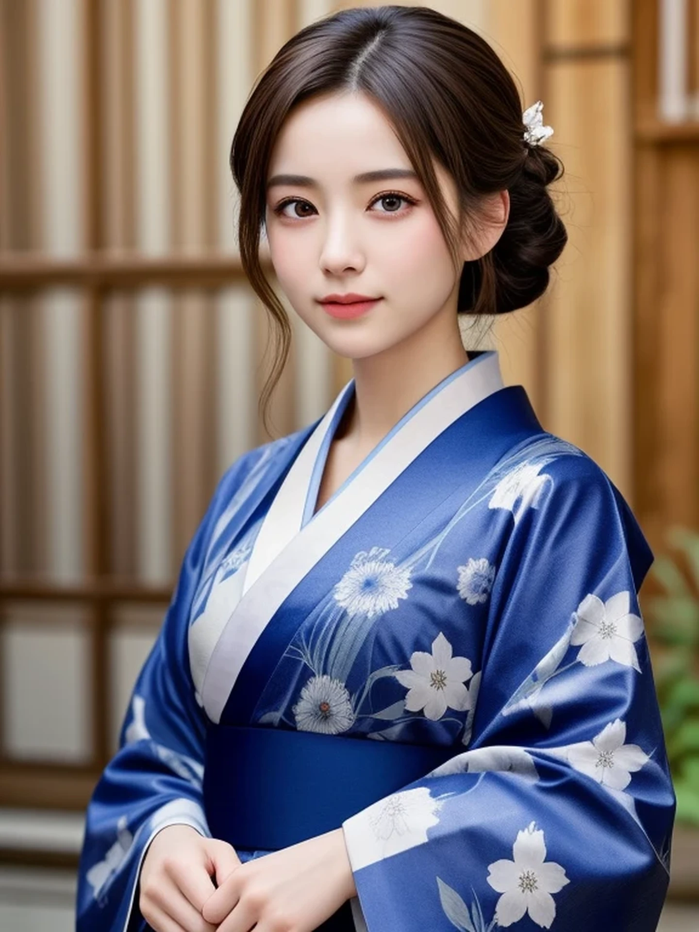 1 Japanese girl, looking up:1.4), (full body shot:1.2), Beautifully detailed eyeballs, catchlight in the eyes, Realistic digital painting of a woman portrait, Shy, Cute, open mouth to say something, happy, brown eyes, (half updo,:1.1), (light brown brunette hair:1.3), (Highly detailed skin:1.2), Mystical style, Global Illumination, Traditional Japanese floral printed Kimono, A silk kimono with a deep indigo base. temple