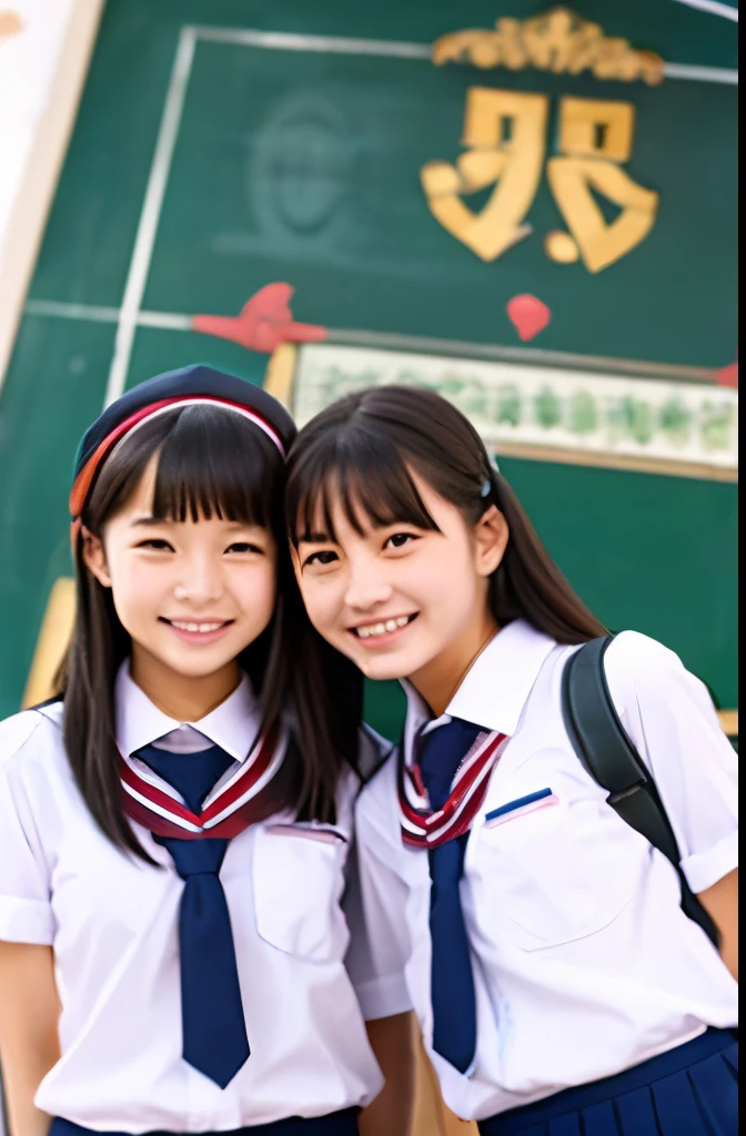 Two girls standing in the park,Plain white school gym shirt with navy blue trim,Navy blue speed briefs,Red headband,White headband,18-year-old,bangs,A little smile,Thighs,knees,Straight hair with barrette,From below,Front light