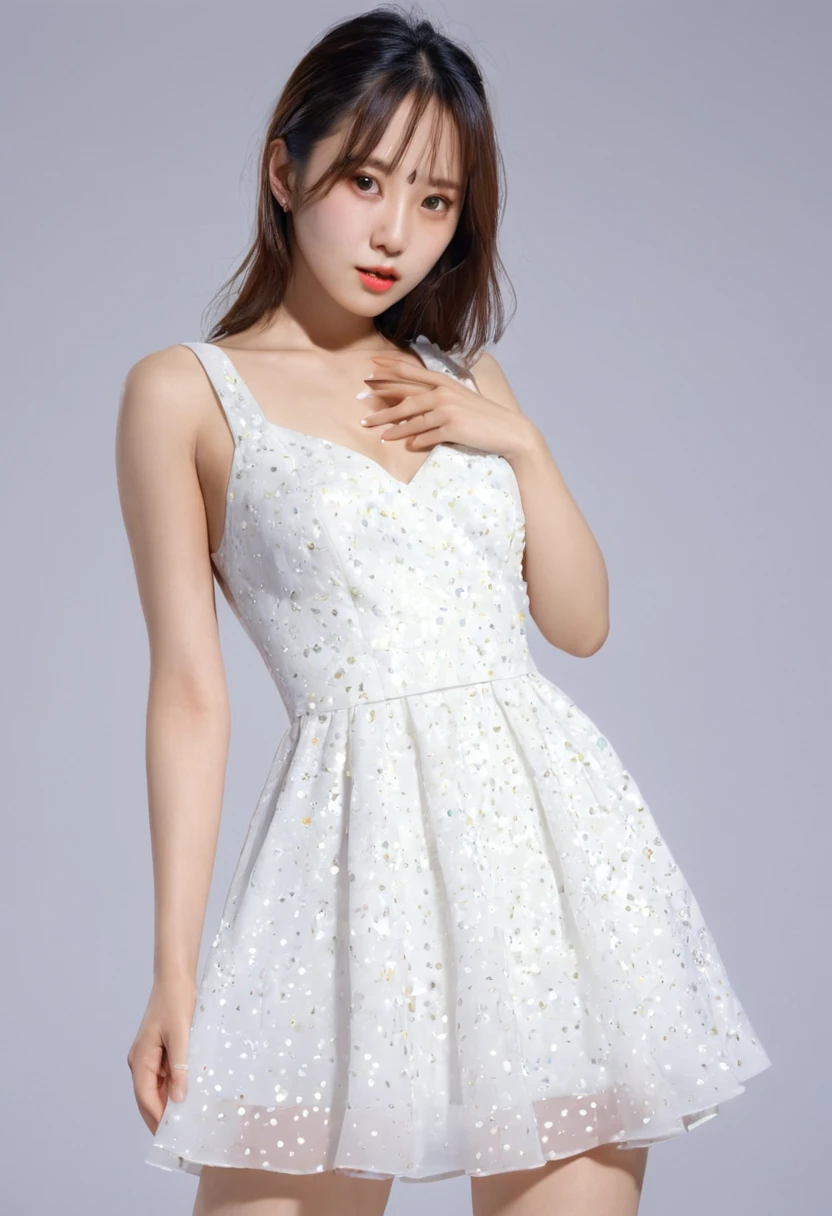(8K、RAW Photos、Highest quality、Masterpiece: 1.2)Highest quality, masterpiece, Ultra-high resolution、1 female((masterpiece, Highest quality)),(One personで:1.2),(One girl:1.2),((32K Wallpapers, Very detailed)),,(((The perfect one and only lady))),(((portfolio,close))),(((Front face))),(((Upper Body))),((highlight)),(((One person))),(((Full face))),(((Perfect composition))),((Gradient Eye)),Sparkling.Light leakage, (((Bring your fingers to your mouth))), (((White Dress)))