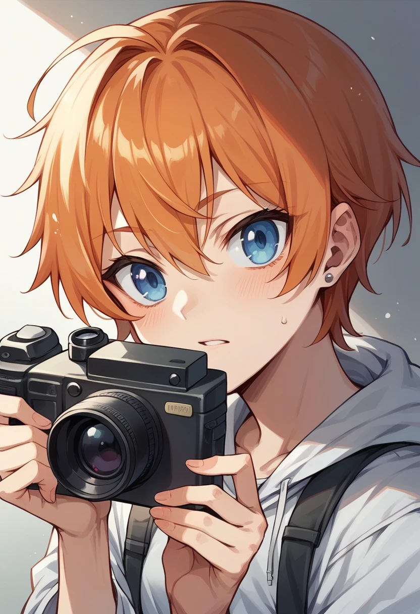 Ikemen, short, orange hair, blue eyes, looking at camera, bad mood