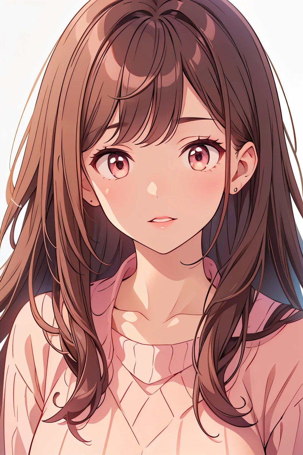 Girl, long straight brown hair, brown eyes, sharp features, white skin, pink lips, perfect, sweater