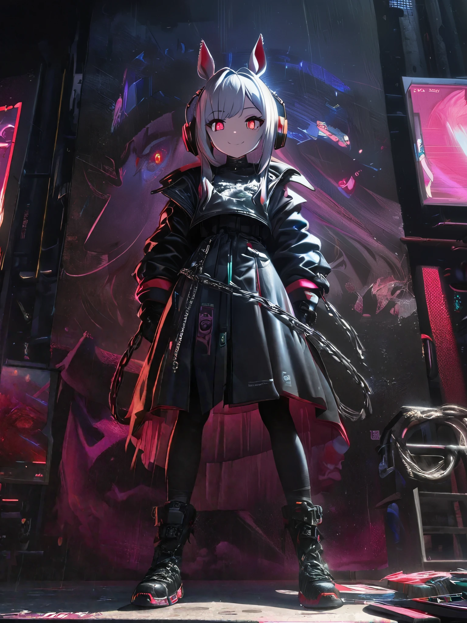 1 Girl, chromatic aberration, Written boundary depth, Soft Light, masterpiece, Highest quality, complicated, Tone Mapping, Very detailed, Art Station, Concept Art, Smooth, Clear focus, Dramatic lighting, Very detailed artwork, movie, super practical painting, Art Station's trending, 8K, Incredible Shadows, practical, (Very detailed background:1.0), whole body, View, Viewers, Very detailed portrait of one girl 1, standing on street corner, Heavy rain and lightning、dark sky, neon and cyber punk background, she is dressed in punk clothing with silver chains and silver spikes, Her hair was dyed a bright black color.，The middle part is black, She is wearing headphones, Detailed red eyes with clear pupils, Ominous aura of light, smile, punk, ciber punk, Backlight.Has horse ears、No knowledge of horses'tail、The outfit is cute