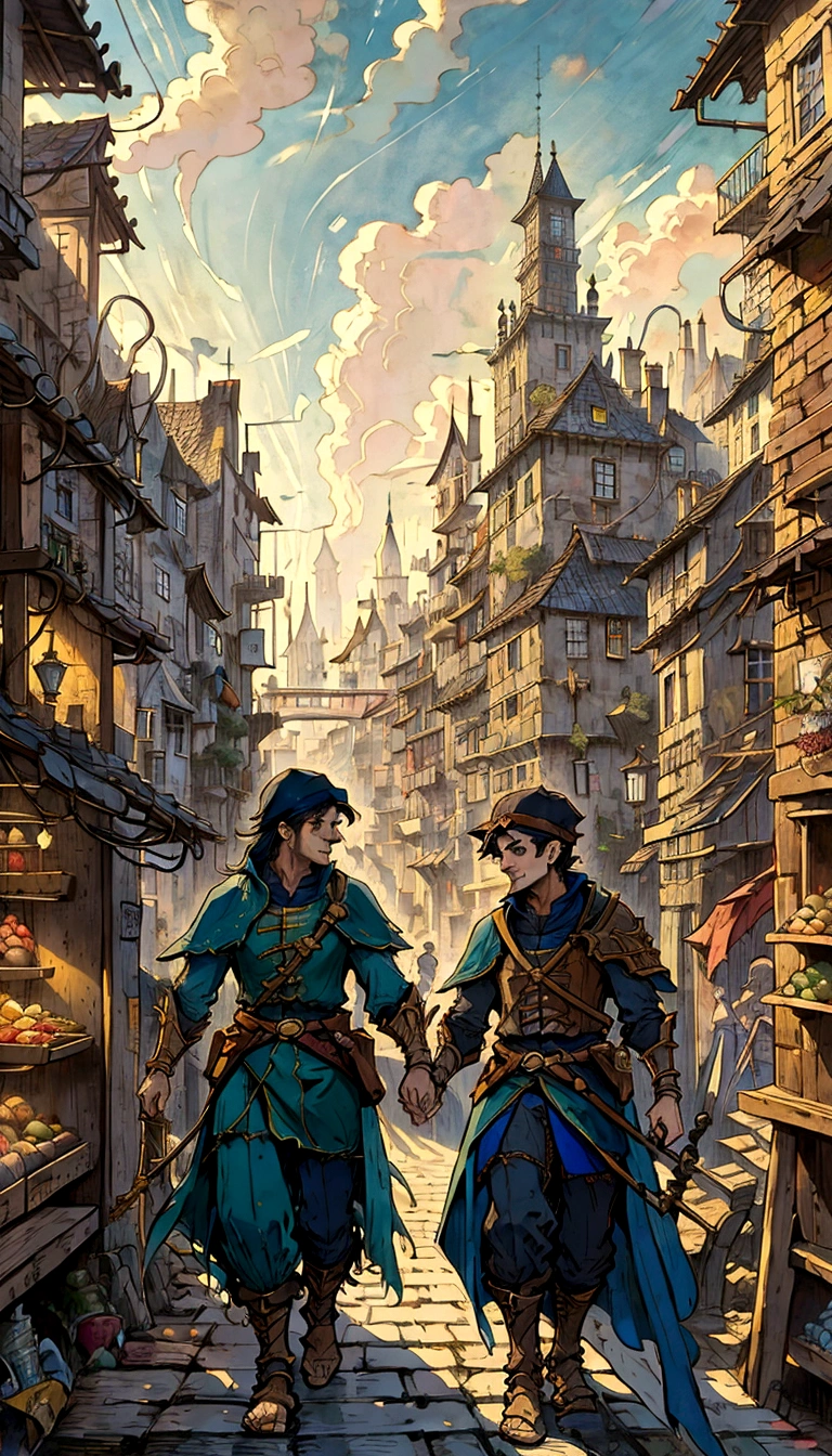 a painting of a market with people walking around it, martin raphael lacoste, style of raphael lacoste, inspired by Raphael Lacoste, by Raphael Lacoste, karl spitzweg. unreal engine, medieval fantasy game art, medieval city, by Aleksander Gine, medieval concept art, immensely detailed scene, marketplace, inspired by Carl Spitzweg, victorian city