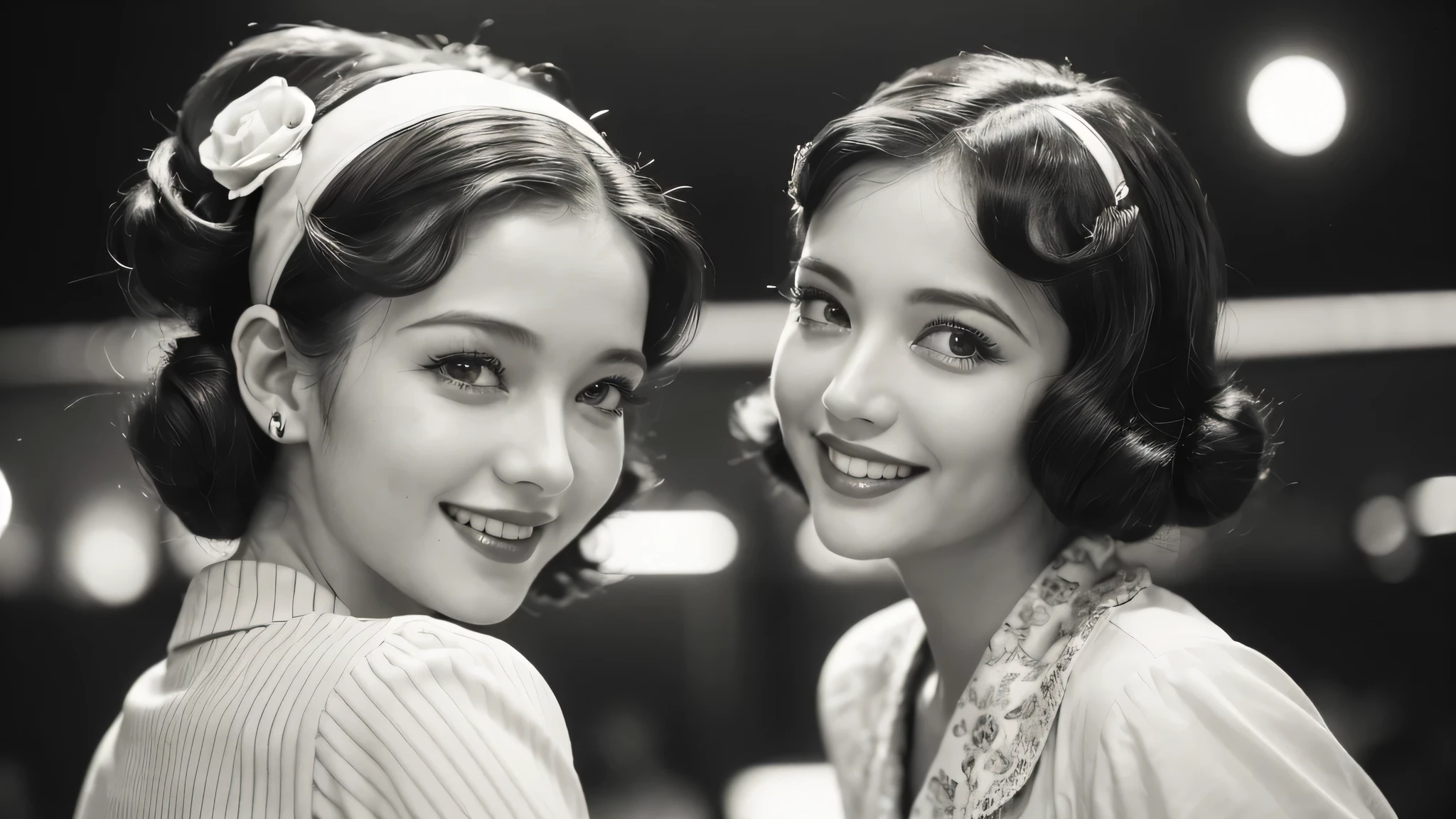 (1940s cute girl:1.3), (1girl:1.3), (smile shyly), (highly detailed face), (extremely detailed beautiful face), (Early Showa hairstyle, retro hairstyle, 1940 fashionable clothing, oldies fashion:1.4), (Best Quality:1.4), (Ultra-detailed), extremely detailed CG unified 8k wallpaper, Realistic portrait, Beautiful detailed, High-definition raw color photos, professional photography, (fine face:1.2), focus on women, (oldies, oldies songs, Old photos, retro photos, sepia photos, black and white photos, valuable photos that give you a sense of the times), (A scene from a retro dance musical movie from the 1940s:1.2),