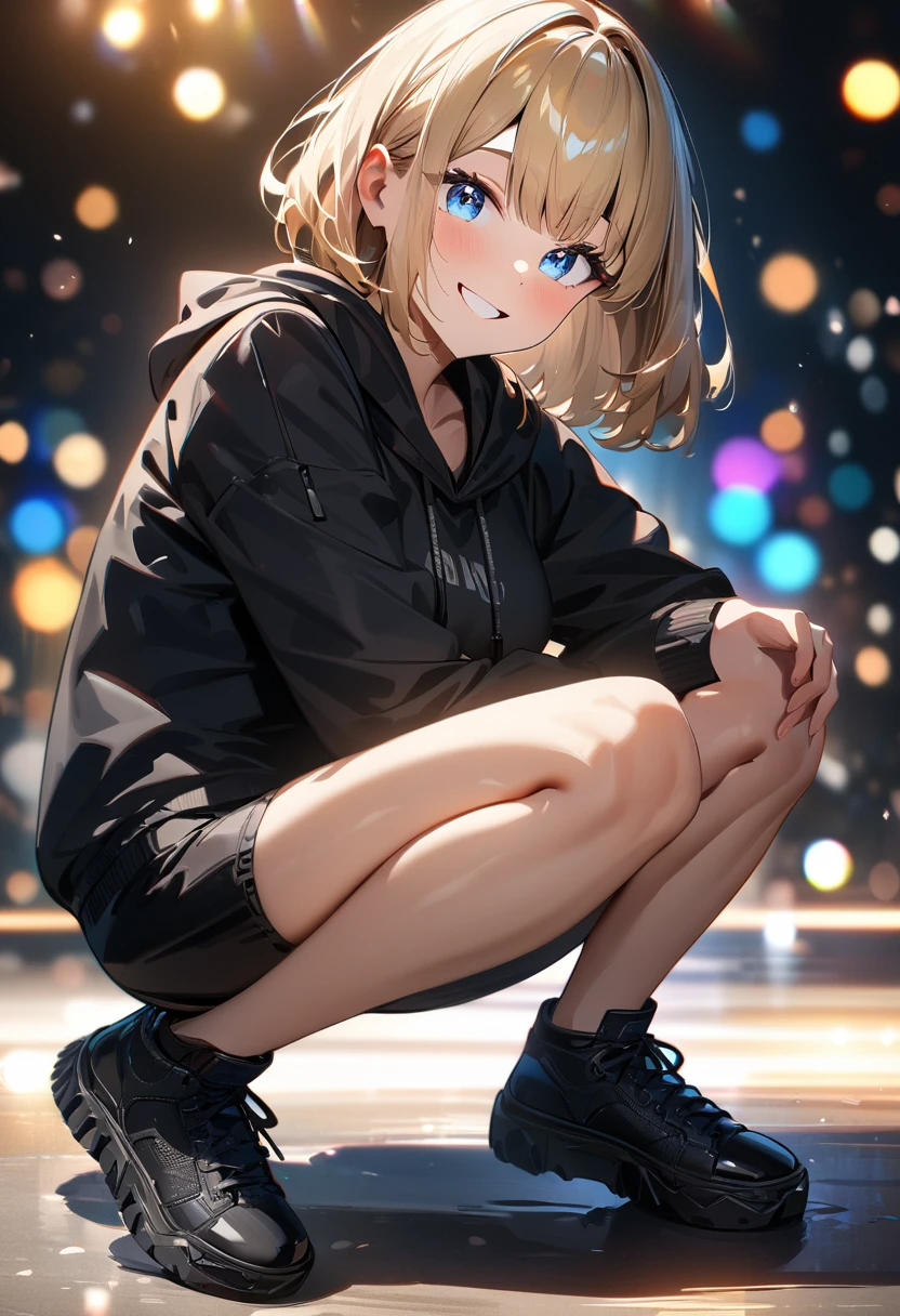 (((One girl))), Shibuya, street, blond hair, bob cut, (looking at viewer), (((full body))), squatting, spread legs, ((arm between legs)), breasts, teenager, head tilt:1.3, (((blue eye))), constricted pupils, (from side:1.3), ((happy smile)), (((black hoodie:1.3, black shorts:1.3))), bare legs, ((black platform high cut sneakers)), anime style, (best quality, 4k, 8k, highres, masterpiece:1.2, ultra-detailed, ultra-detailed eyes, HDR, UHD, studio lighting, ultra-fine painting, sharp focus, physically-based rendering, extreme detail description, professional, vivid colors, bokeh)