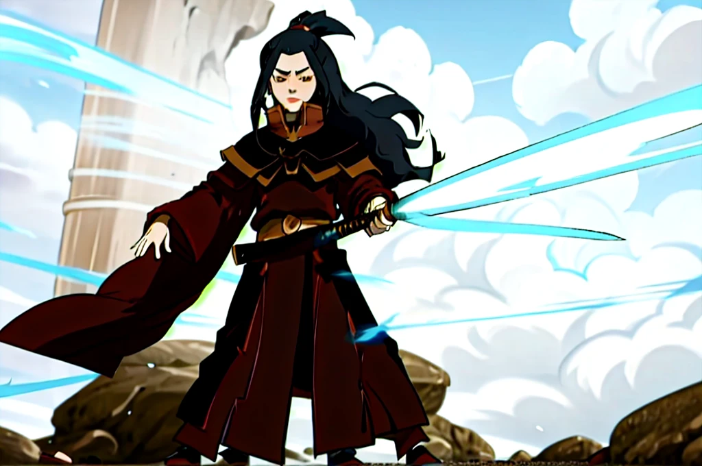 A 19 year old man with long black hair wearing a brown robe and a Dark Abys Katana pengendali 4 elemen Avatar