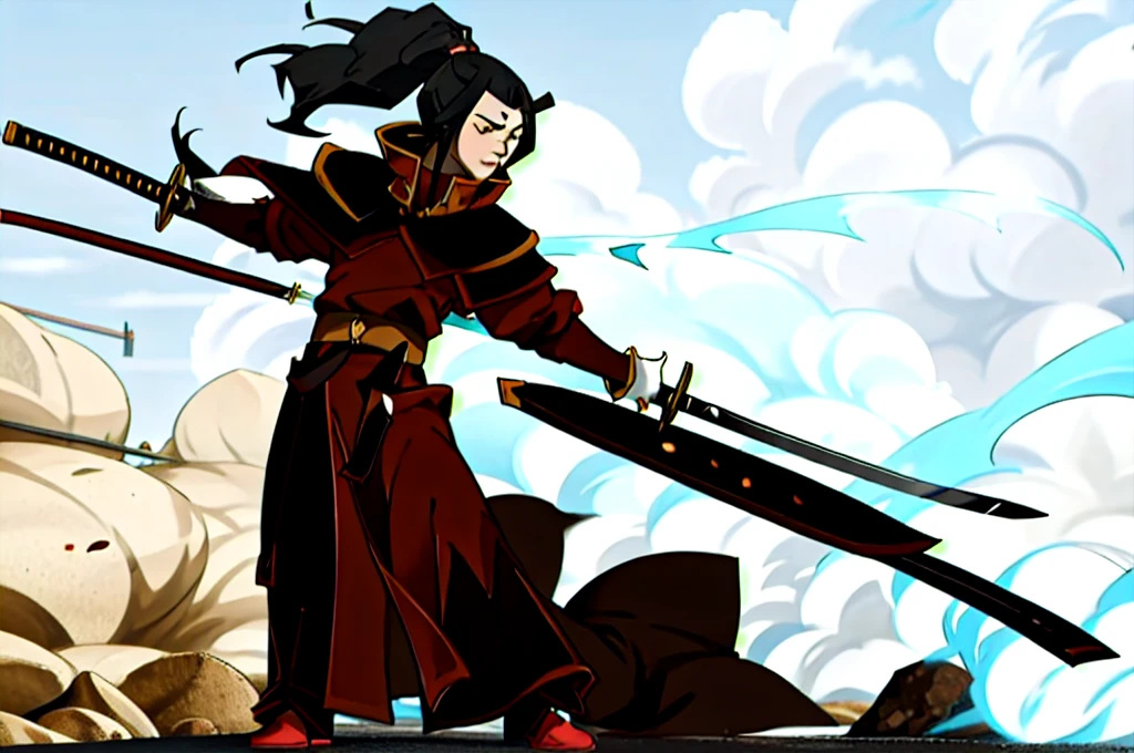 A 19 year old man with long black hair wearing a brown robe and a Dark Abys Katana pengendali 4 elemen Avatar