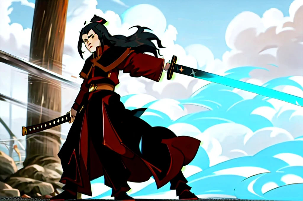 A 19 year old man with long black hair wearing a brown robe and a Dark Abys Katana pengendali 4 elemen Avatar