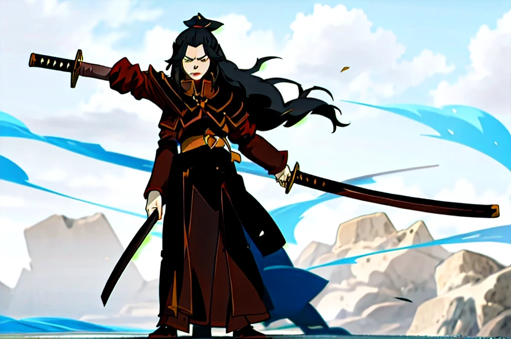 A 19 year old man with long black hair wearing a brown robe and a Dark Abys Katana pengendali 4 elemen Avatar