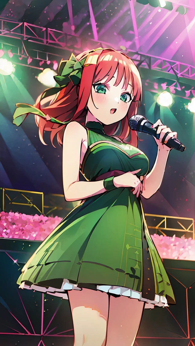 ((masterpiece, best quality)),very detailed, simple eyes, ((((outdoors,standing)))), (((green eyes))), (((medium breasts))),himari uehara, 1girl, (((kawai dress))), (((sing))), (((stage live live))), (((use microphone))),, nakano nino