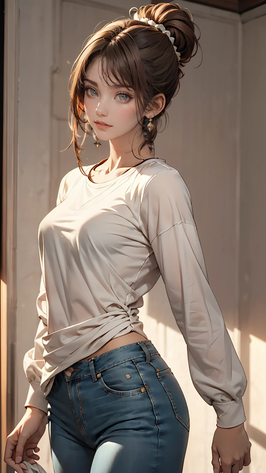 Emily is 23 years old and has light brown hair., She usually wears her hair in a bun or ponytail.. His eyes are green and expressive, His gentle and warm personality is apparent. Her height is average, About 1.65 points, Thanks to exercise habits、Maintain a slim and toned figure. Emily likes to wear simple, comfortable clothes., Wear practical clothes, Long sleeve blouses and neutral colors. She doesn't usually wear much makeup, Prefer a natural look. Highest quality, Realistic photos, 32k、Sexy proportions、Narrow waist