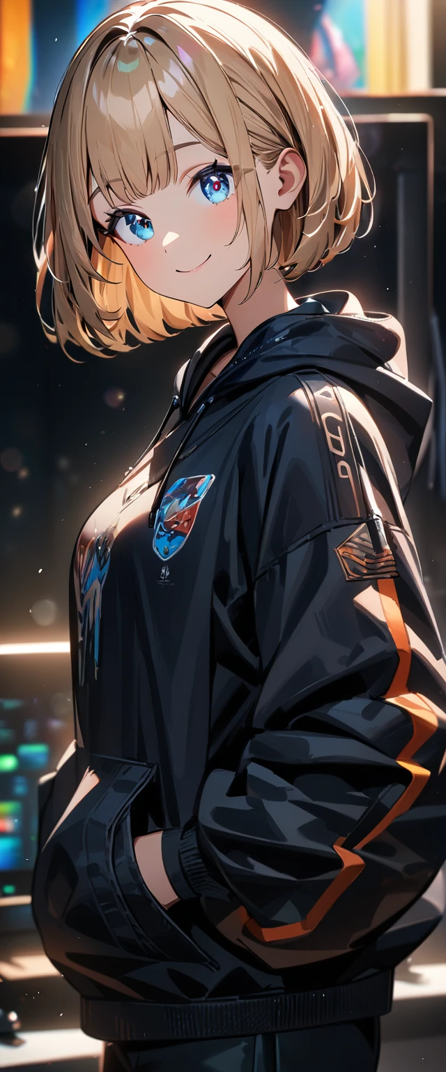 (((One girl))), blond hair, bob cut, (upper body), (looking at viewer), breasts, teenager, head tilt:1.3, (((blue eye))), (from side), hand in pocket, ((happy smile)), black hoodie, black shorts, anime style, (best quality, 4k, 8k, highres, masterpiece:1.2, ultra-detailed, ultra-detailed eyes, HDR, UHD, studio lighting, ultra-fine painting, sharp focus, physically-based rendering, extreme detail description, professional, vivid colors, bokeh)