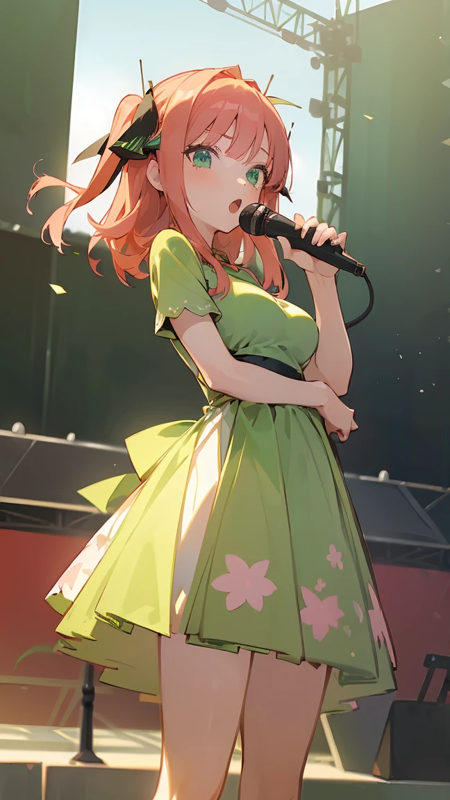 ((masterpiece, best quality)),very detailed, simple eyes, ((((outdoors,standing)))), (((green eyes))), (((medium breasts))),himari uehara, 1girl, (((kawai dress))), (((sing))), (((stage live live))), (((use microphone))),, nakano nino