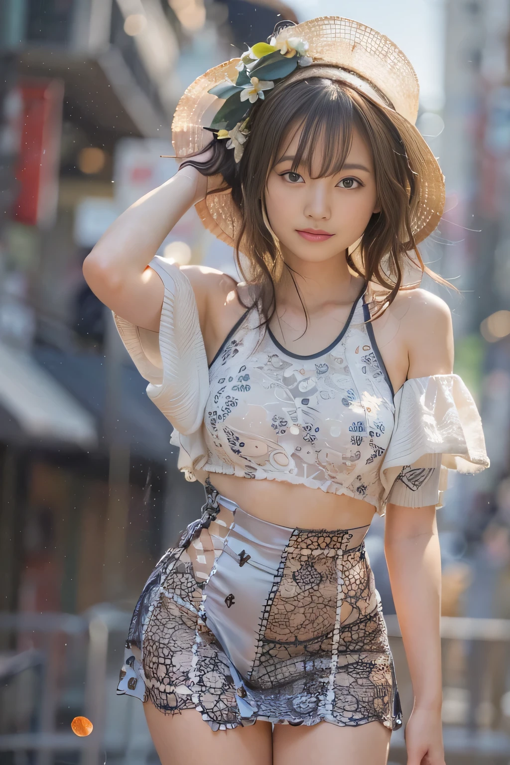 1 girl、Tokyo Street、Cityscape、Upper body、Close-up、Laughter、8K、Raw photo、Highest quality、masterpiece:1.2)、(Realisticな、Photorealistic:1.37)、Highly detailed eyelash drawing、(((Best image quality))),Great tit、Fine skin, (Beautiful Hair), (perfection Anatomy), (Realistic), (Dynamic Angle), Seductive pose,perfection,Sensual look、Highest quality、High resolution、Smile、Swimsuit-like clothing