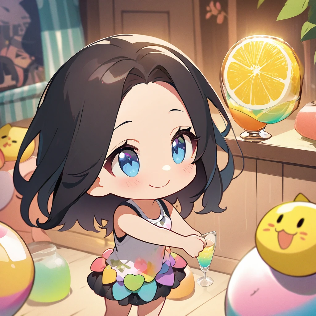 masterpiece、Highest quality、Depth of subject、2D illustration、1 beautiful girl、独奏, (((chibi style)))、Long, beautiful hair、Shiny black hair、cute、Beautifully detailed eyes、((Tank top))、a glass of lemon soda, ((colorful))、mini skirt、((happy smile))、((kitten cluster)), ((close up shot))、((in the room))、((There's a lot of pink around))、Thighs、((vivid color))、sparkle、((Lens flare))、