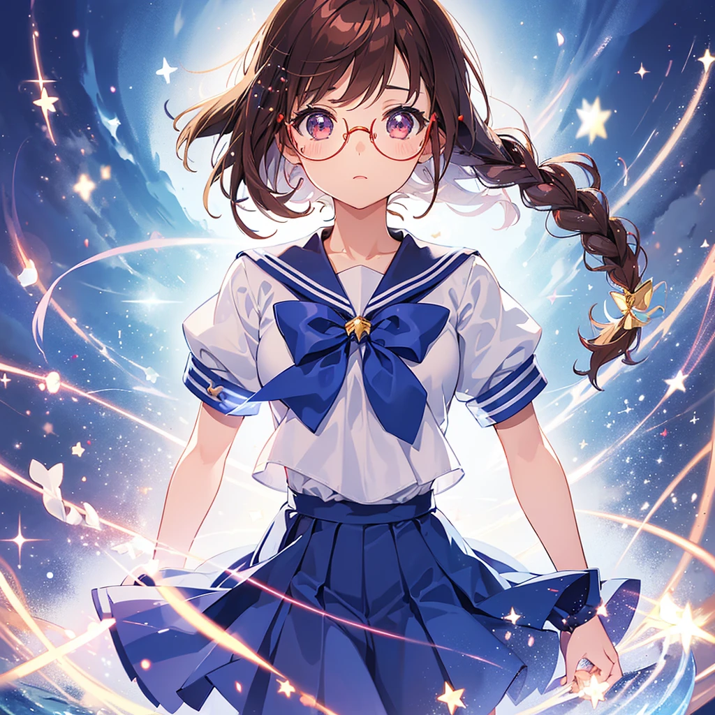 1girl, magical girl, transformation scene, glasses, brown eyes, long brown hair in single braid, sailor uniform with blue collar and skirt, red neckerchief, ((shimmering light particles:1.2) enveloping the girl's body), (large breasts), large buttocks, voluptuous, bright beams of light in the background