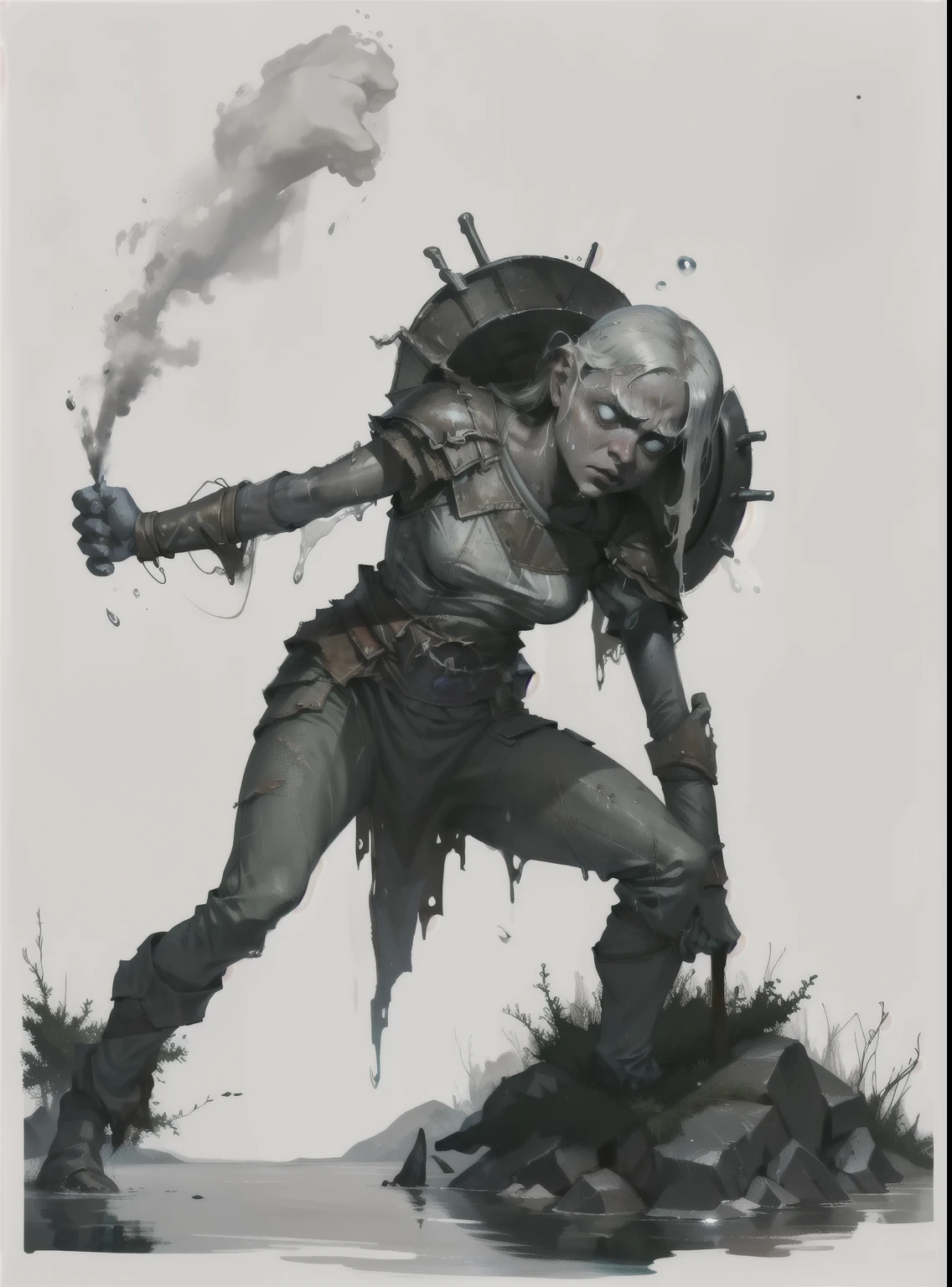 I want a character with a white background, png, full body image, a minion, a person covered in dust and croaks, wet and sad, in a position of self-defense, with an iron shield in his hand and a look of dismay