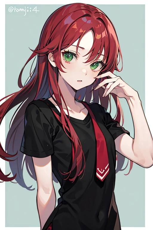 ((best quality)), ((masterpiece)), (detailed), perfect face,long hair,red hair,green eyes, ((tomboyish girl)),skinny body,junior high school student,