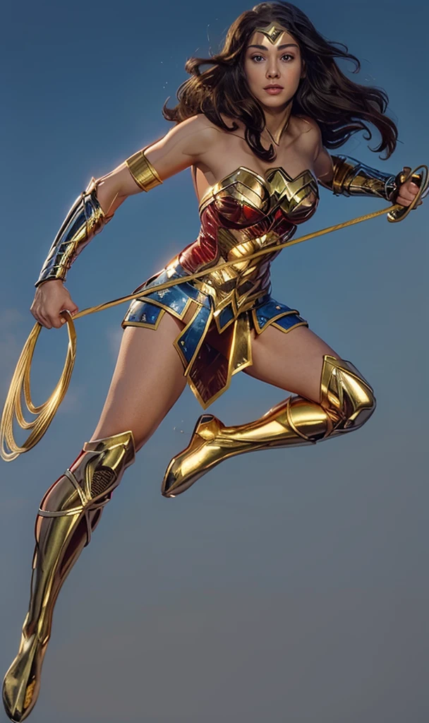 The actress Ariana Grande playing the character Wonder Woman flying in the skies,holding the golden and shiny rope, Holding your shiny golden bow, perfect costume, soft curves, bright blue eyes and gorgeous