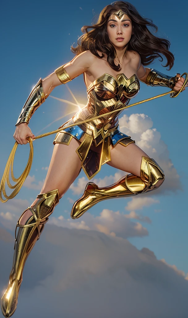 The actress Ariana Grande playing the character Wonder Woman flying in the skies,holding the golden and shiny rope, Holding your shiny golden bow,   perfect costume, soft curves, bright blue eyes and gorgeous 