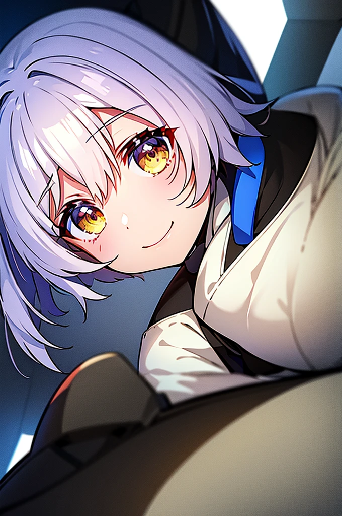(masterpiece), best quality, expressive eyes, perfect face, a white color girl, short white spiky hair, ((dark black sclera)), yellow eyes, smiling, ((white color flesh tone)), white armor clothes, looking at viewer, ((shot from below)), face close up