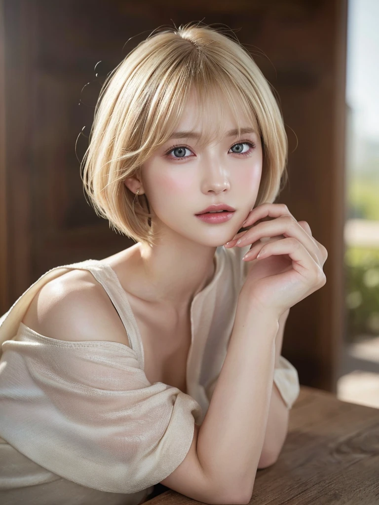 (masterpiece:1.3), High resolution, Super detailed, Highly detailed CG Unity 8k wallpaper, Realistic, photo-Realistic, RAW Photos, Beautifully detailed face, Pale skin, Realistic glistening skin, Detailed cloth texture, Detailed hair texture, Perfect body, Blonde, Blonde hair bob cut, Beautiful Face, Accurate, Anatomically correct, Highly detailed face and skin texture, Natural neck length, (Beautiful Hands), (Fair skin:1.2), Sweaty skin:1.2, Thin legs, Thin legs, Sexy thighs, Shiny thighs,