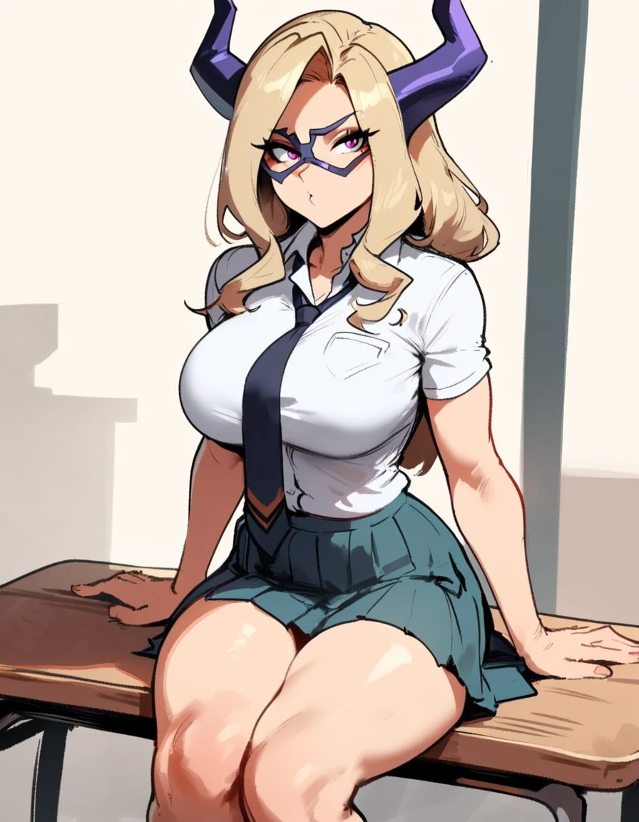 1girl, mount lady, boku no hero academia \\\\\ masterpiece, best quality, very aesthetic, absurdres, newest \\\\\\ sportive body, \\\\\\ by dodok, nyantcha, cutesexyrobutts, by khyle ///// blonde, purple eyes, (school uniform:1.2), skirt, , 24 years old, white background,tie,sit, big tits