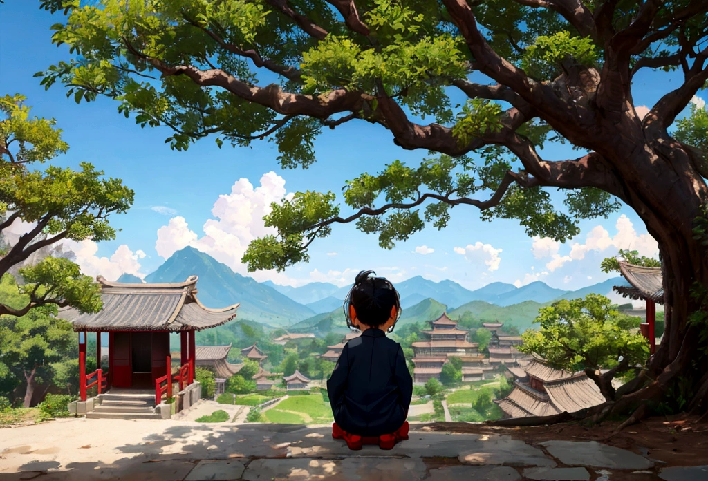 A  from a Chinese village (viewed from behind) sat in the shade of a large tree at the village entrance, gazing at the distant mountains and dreaming about the world they would explore when they grew up.
