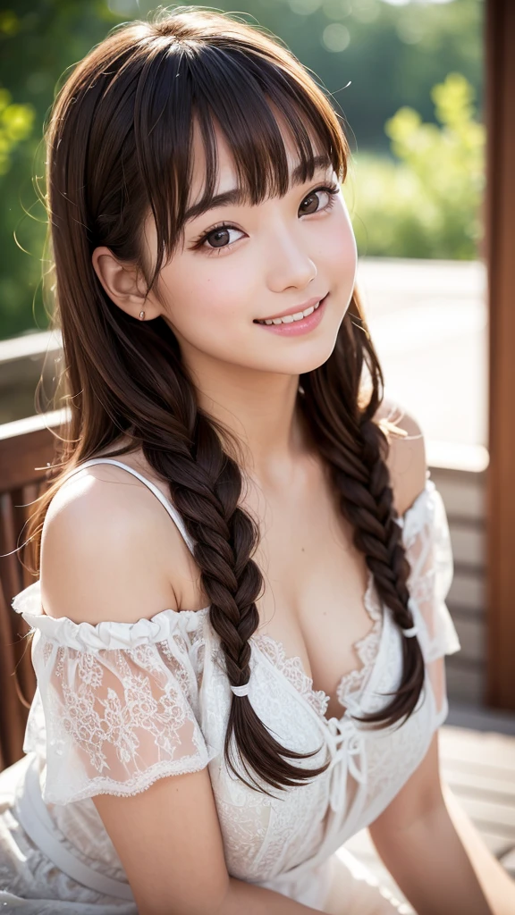 Best quality, masterpiece, ultra-high resolution, 8K, (reality: 1.4), RAW shooting, most detailed face, very detailed and perfect anatomy, live photography; most beautiful face; shining skin; one 18-year-old Japanese.My bangs and eyes are big and cute.It has brown eyes, gentle eyes, long brown hair, a young face, and a large chest.E-cup. Look at the audience.angelic smile.Hair style is braided, off-shoulder dress, dating the city,a smiling face