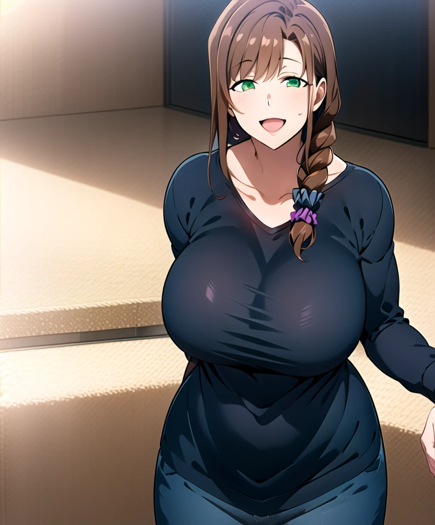 1girl, solo, long hair, looking at viewer, smile, open mouth, large breasts, brown hair, shirt, long sleeve, loose shirt, hair ornament, green eyes, collarbone, braid, pants, black shirt, single braid, scrunchie, hair over shoulder, hair scrunchie, mature female, wide hips, bare abdomen, Plump.