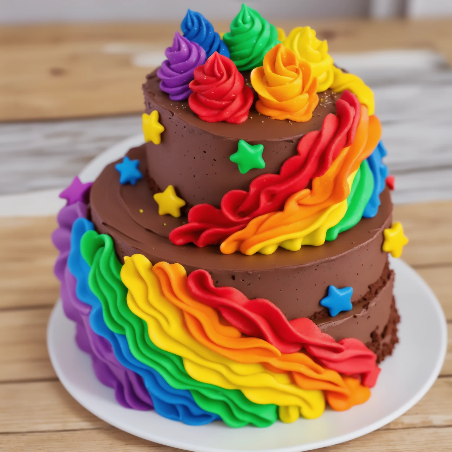 on a wooden table. there is a white plate. double tier chocolate cake, rainbow cream in the form of ruffles, decorated with rainbow stars made of polymer clay, multi-colored cream on top, against the background of the kitchen, Beautiful light from the window, Contour light, several light sources, beautiful lighting, Bright light source, bright lighting, beautiful light sources, Multiple light sources, Realistic style , realistic texture, detailed texture, A high resolution, high quality, beautiful photo of the cake, advertising photo, macro photography