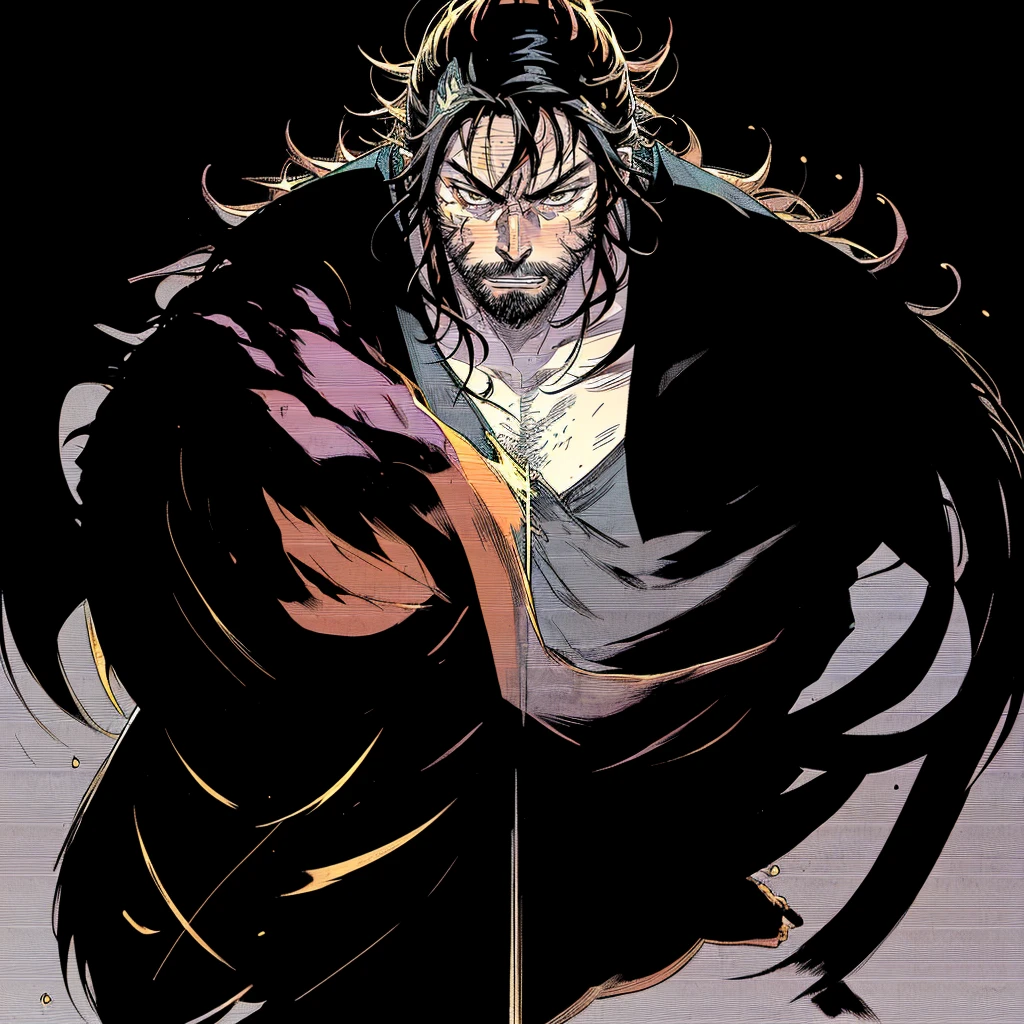 a close up of a perso, evil male sorcerer, portrait of samurai, handsome guy in demon slayer art, dark cloaked necromancer, musashi miyamoto, standing, fighting stance, looking at the viewer, front camera, eye level, handsome, beard, long hair, angry expression, drawing sword pose,