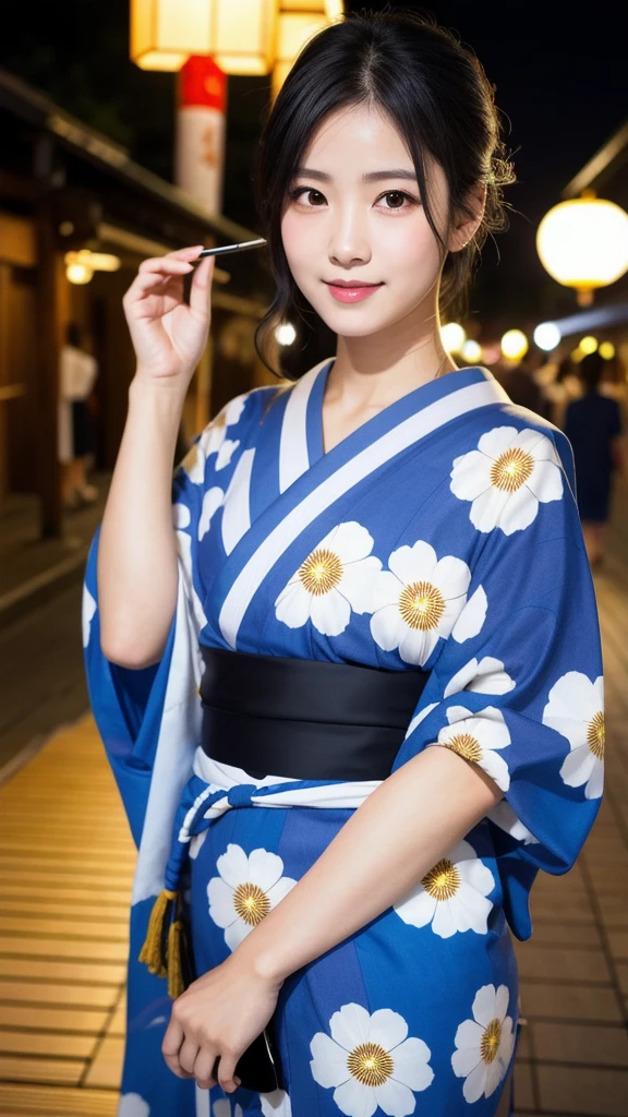 (8K, Realistic, RAW Photos, Highest quality: 1.4, detailed),Japanese idol-style beautiful girl,1 person,18-year-old,(Black Hair),Hair tied up,Large, clear grey eyes,Long eyelashes,(piercings(small)),(Lip gloss),lips(Plump,glossy),thin long neck,Thin and delicate shoulders,yukata(Traditional Japanese cool dress,Long length,pale colour,Cotton Fabric),Thick obi,Night Festival,Front view,Looking at the camera and smiling sweetly,Knee Top Portrait
