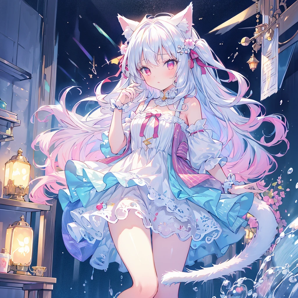 1 girl, ((masterpiece)), ((best quality)), Amazing, beautiful detailed eyes, finely detailed, depth of field, extremely detailed CG unity 8k wallpaper, full body, white hair, cat girl, , blue and white ghotic dress, red ribbon, (animal ears, cat ears, cat tail), village, red eyes, long hair, very long hair, (ultra-detailed),(detailed light), hair ornament, soap buble, (sunlight),