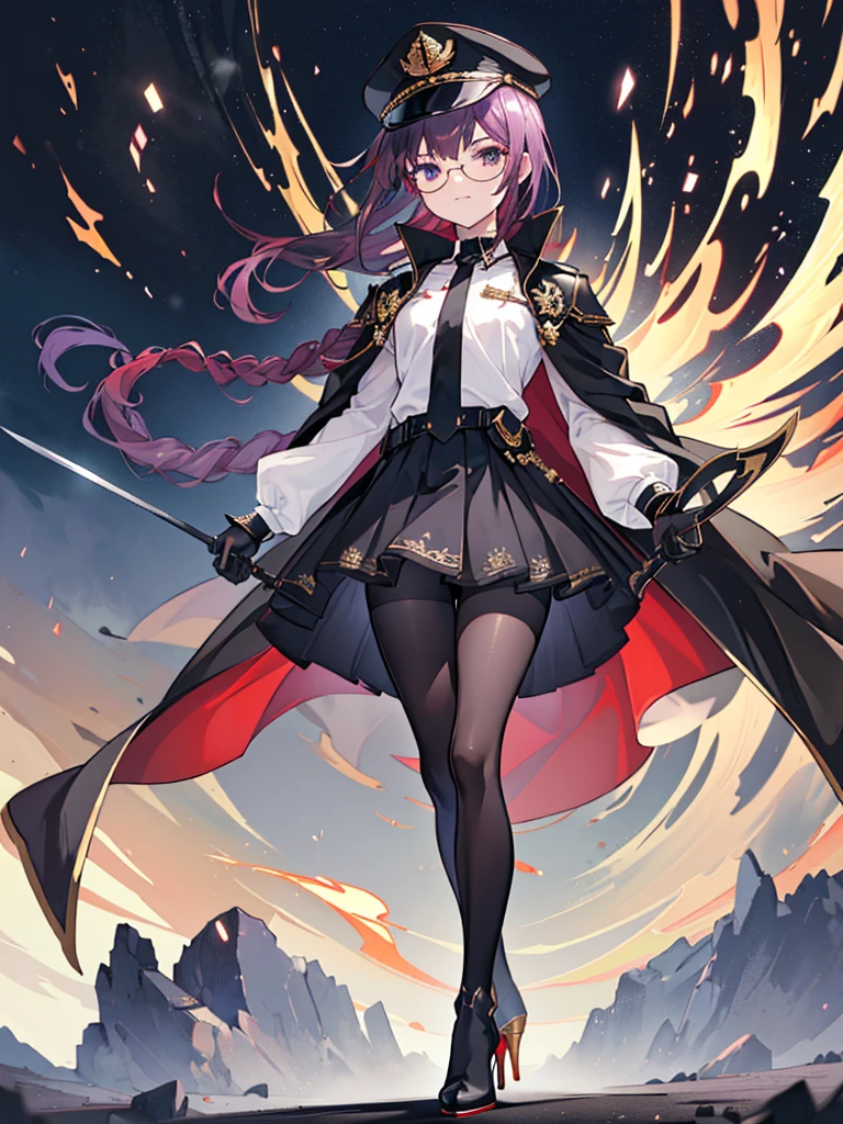 realisitic, City Deserted, Pile of rubble, Brick building, a one woman (18 years old, far away blackw hair, far away slits, Eyes red, glare eyes, 精致的面容, standing (In floor, feet shoulder-width apart), Lolita style military uniform (blackw base, Red Insert, golden decoration, volantes, wide sleeves, dainty and delicate detailing armors), blackw far away gloves (blackw, Red Insert, golden decoration, small hands, armors), blackw far away gloves, knee high boots (blackw, high-heels, red soles), ha (blackw, aba dourada, shield emblem, delicate details), arms in front, Front of belly, Holding military swords with both hands (blackw, golden decoration, delicate detail, Handle at the top, Ground-facing blade, in front of the body, far away), night sky (blackw, stele, Increased flames and smoke), Pale painting style, One Girl, super high quality, Super Detail, Super Detailed image, long hair, looking at viewer, skirt, shirt, hair ornament, violet eyes, gloves, round glasses, long sleeves, hat, closed mouth, jacket, violet hair, braid, open clothes, necktie, black gloves, black skirt, uniform, single braid, open jacket, black jacket, black headwear, 手链, peaked cap, black necktie, cropped jacket, military hat, pantyhose, Flat Chest, smile, Black Cape