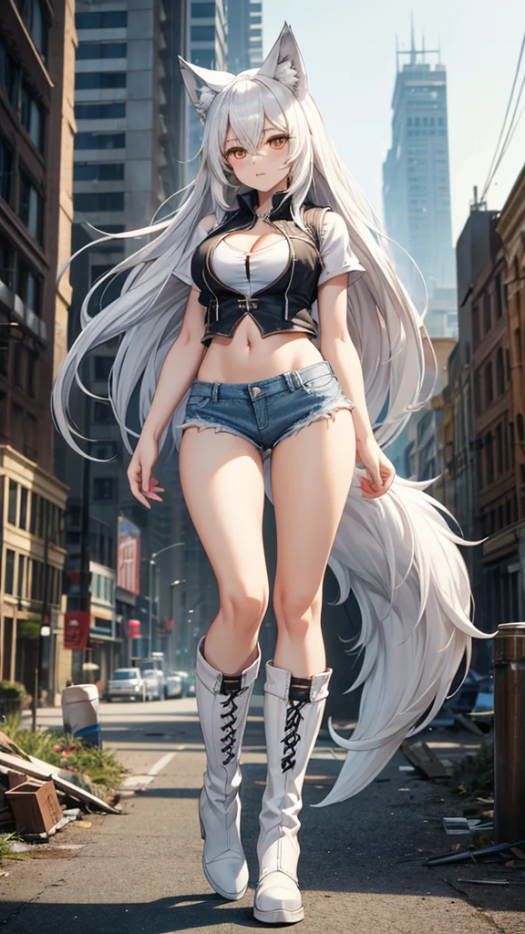 Adult woman with long white hair and medium chest,Wolf ears,Wolf Tail,White sports top,Short-sleeved vest,cleavage,Bare waist,Denim shorts,Thin legs,boots,Standing,ruined city