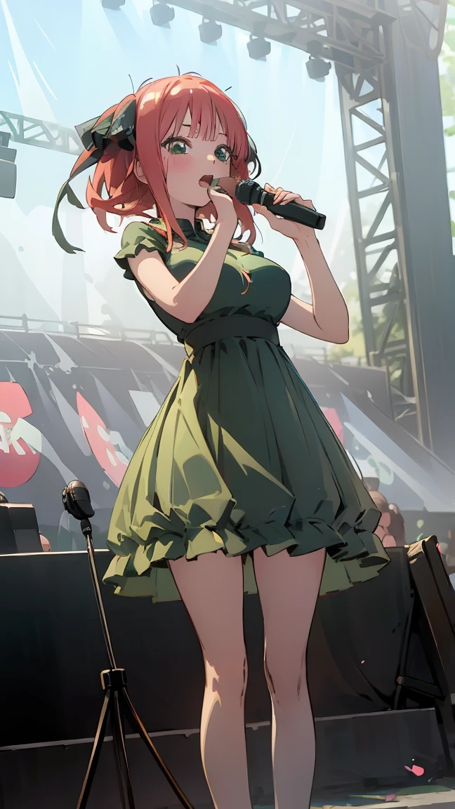 ((masterpiece, best quality)),very detailed, simple eyes, ((((outdoors,standing)))), (((green eyes))), (((medium breasts))),himari uehara, 1girl, (((kawai dress))), (((sing))), (((stage live live))), (((use microphone))),, nakano nino