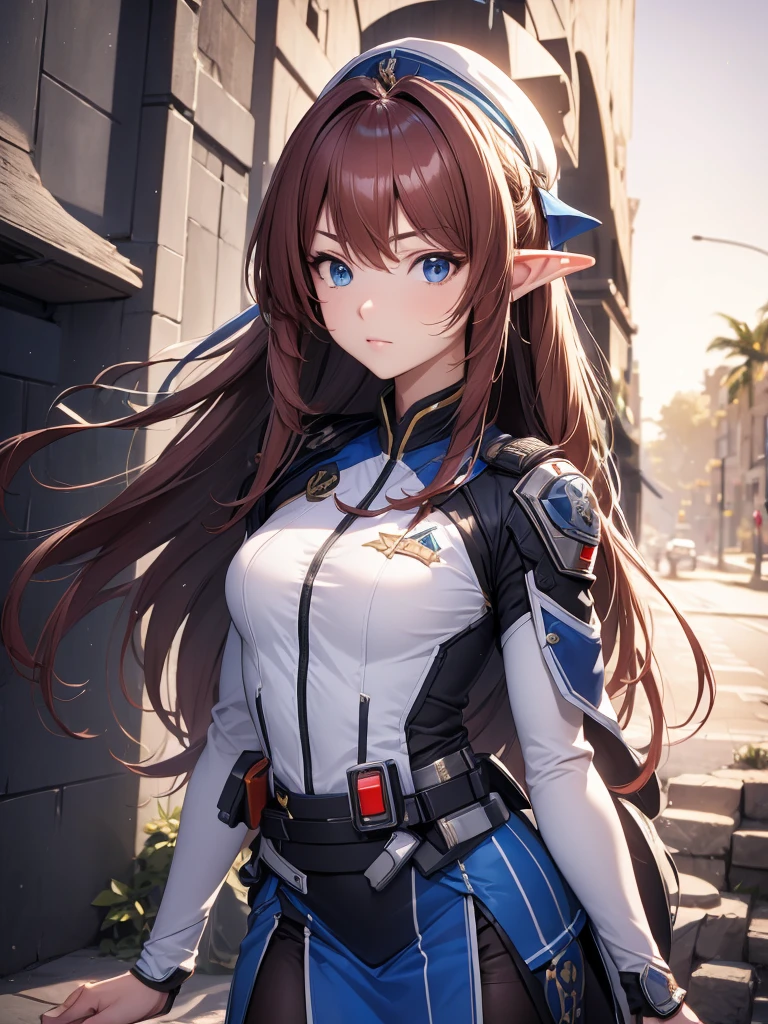 masterpiece, best quality, 8k, (highly detailed 3D rendering of a character named Ulc from SEGA's PSO2), elf-like female with pointed ears, (small gray woman's Garrison cap), (long straight dark red hair), (gray futuristic military-style uniform, including a fitted jacket with intricate white designs, shoulder epaulets, and a skirt), (annoyed, stupefied), (one hand near her ear as if she is communicating through a device), looking away, sunshine, (shiny skin)