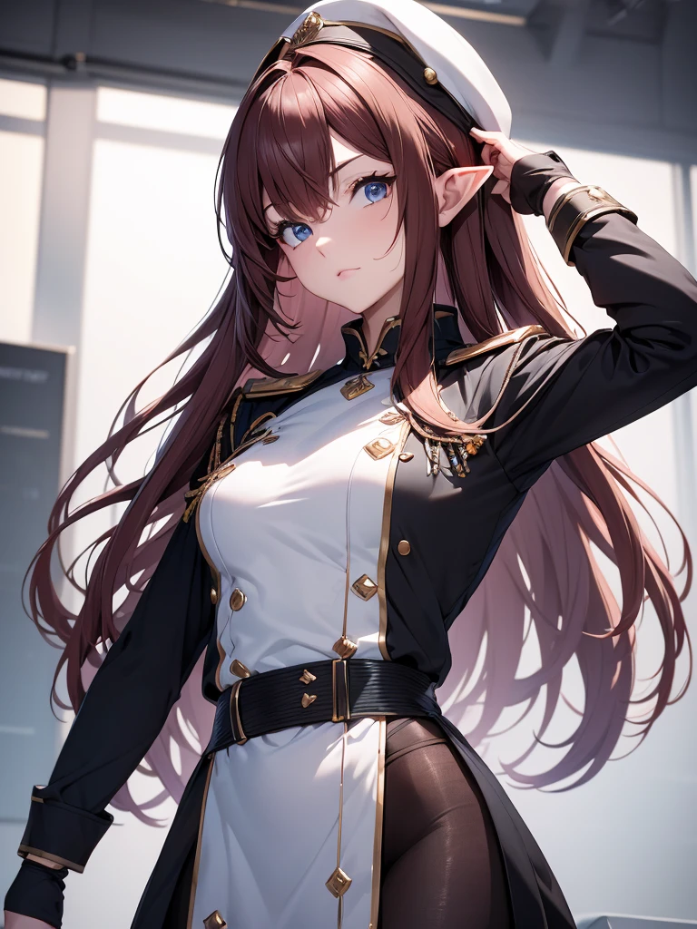 masterpiece, best quality, 8k, (highly detailed 3D rendering of a character named Ulc from SEGA's PSO2), elf-like female with pointed ears, (small gray woman's Garrison cap), (long straight dark red hair), (gray futuristic military-style uniform, including a fitted jacket with intricate white designs, shoulder epaulets, and a skirt), (annoyed, stupefied), (one hand near her ear as if she is communicating through a device), looking away, sunshine, (shiny skin)